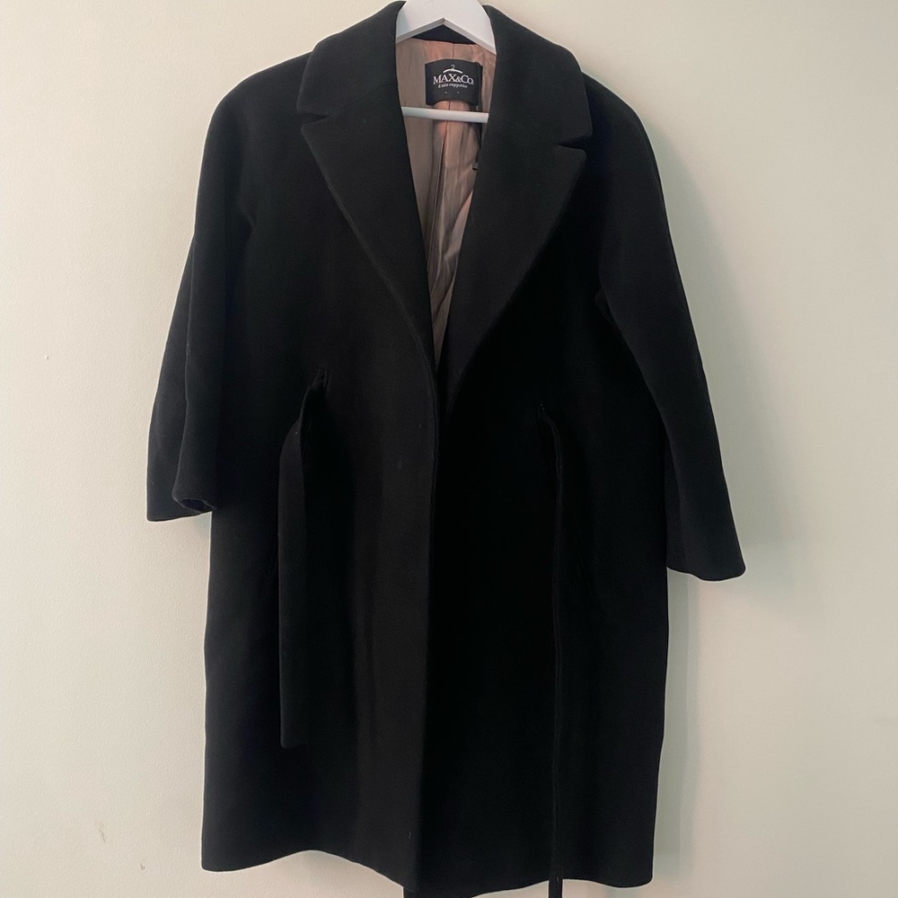 Max & co black wool coat 3/4 sleeve inner belt made in italy sz s